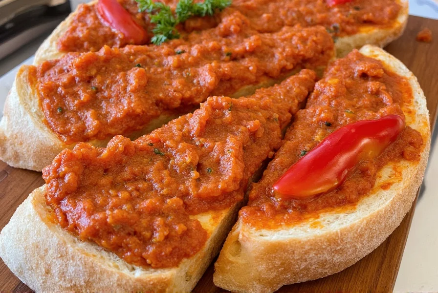 Traditional Calabrian dish featuring 'nduja spread on crusty bread with fresh Calabrese peppers
