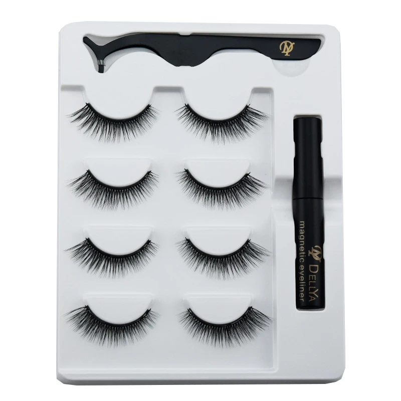 

New 4 Pairs Magnetic Eyelashes Extension Kit with Waterproof Magnet Eyeliner and Tweezers 3D Full False Eyelash Set Fur Feather, Natural black