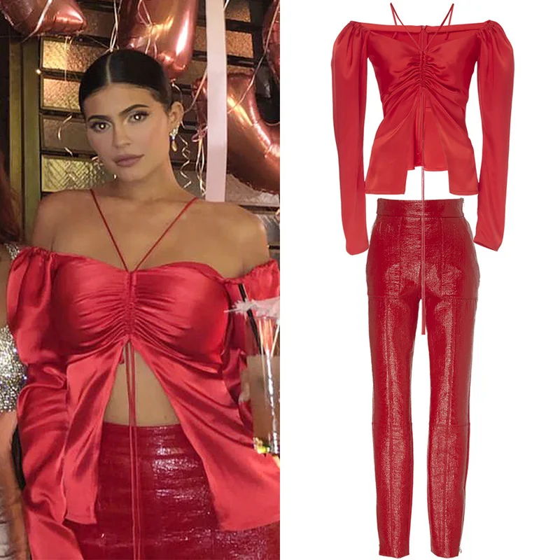 

A4370 Dropshipping Red Halter Long Sleeve Fashion Sexy Two Piece Pants Set Women