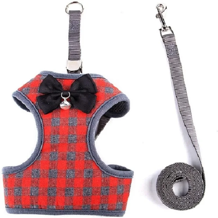 

Wholesale Small Dog Harness and Leash Set Adjustable Harness Plaid Pattern Mesh Nylon Vest with Bow Tie and Bell for Small Dogs
