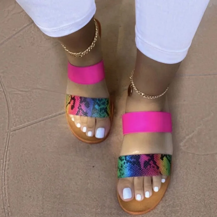 

Double Bands Colorful Snake Print Women Flat Slippers Beach Summer Sandals Shoes, Blue pink clear