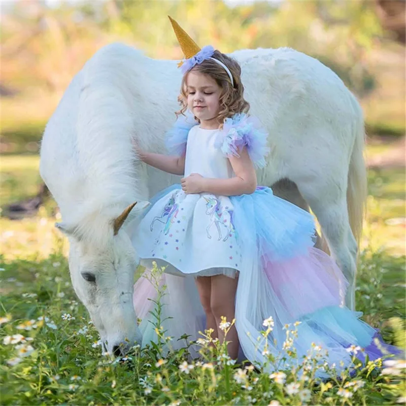 

Baby Girls Unicorn PrincessTutu Dress Flower Girls Rainbow dress Birthday Party Costume Children Summer Tulle dress