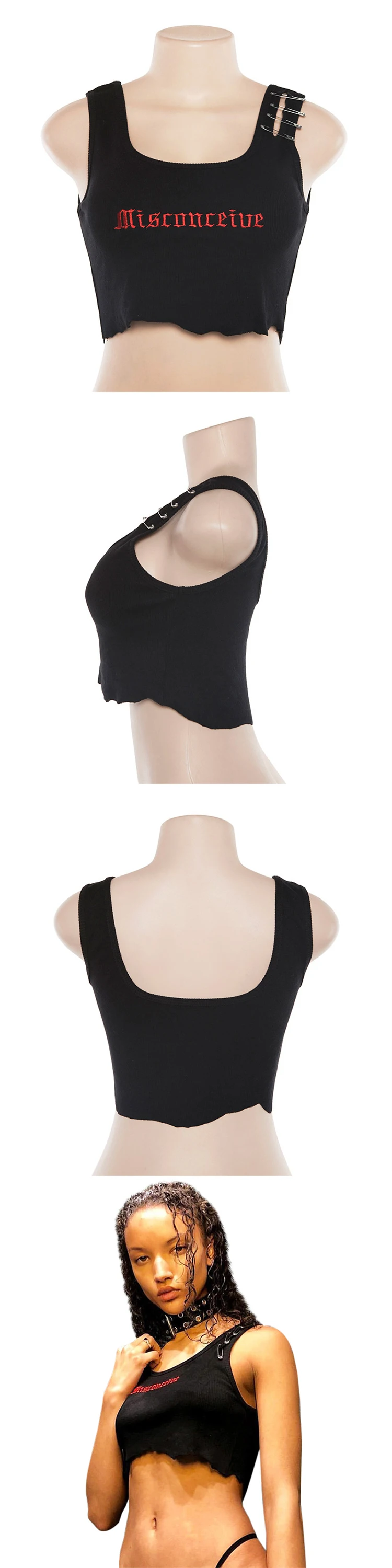 2020 Dropshipping Pin Embroidery Letter Black Crop Summer  Sexy Tops for Women Clubwear Gothic Punk Ripped Tank Tops