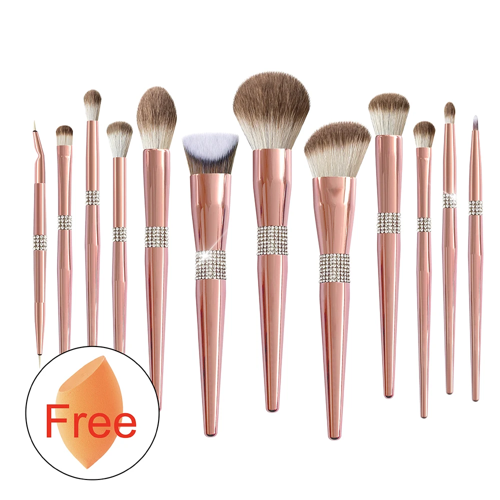 

12pc Customized Kabuki Bling Rose Gold Make Up Brushes Cosmetic Foundation Soft Face Brush Cleanser Pink Makeup Brushes