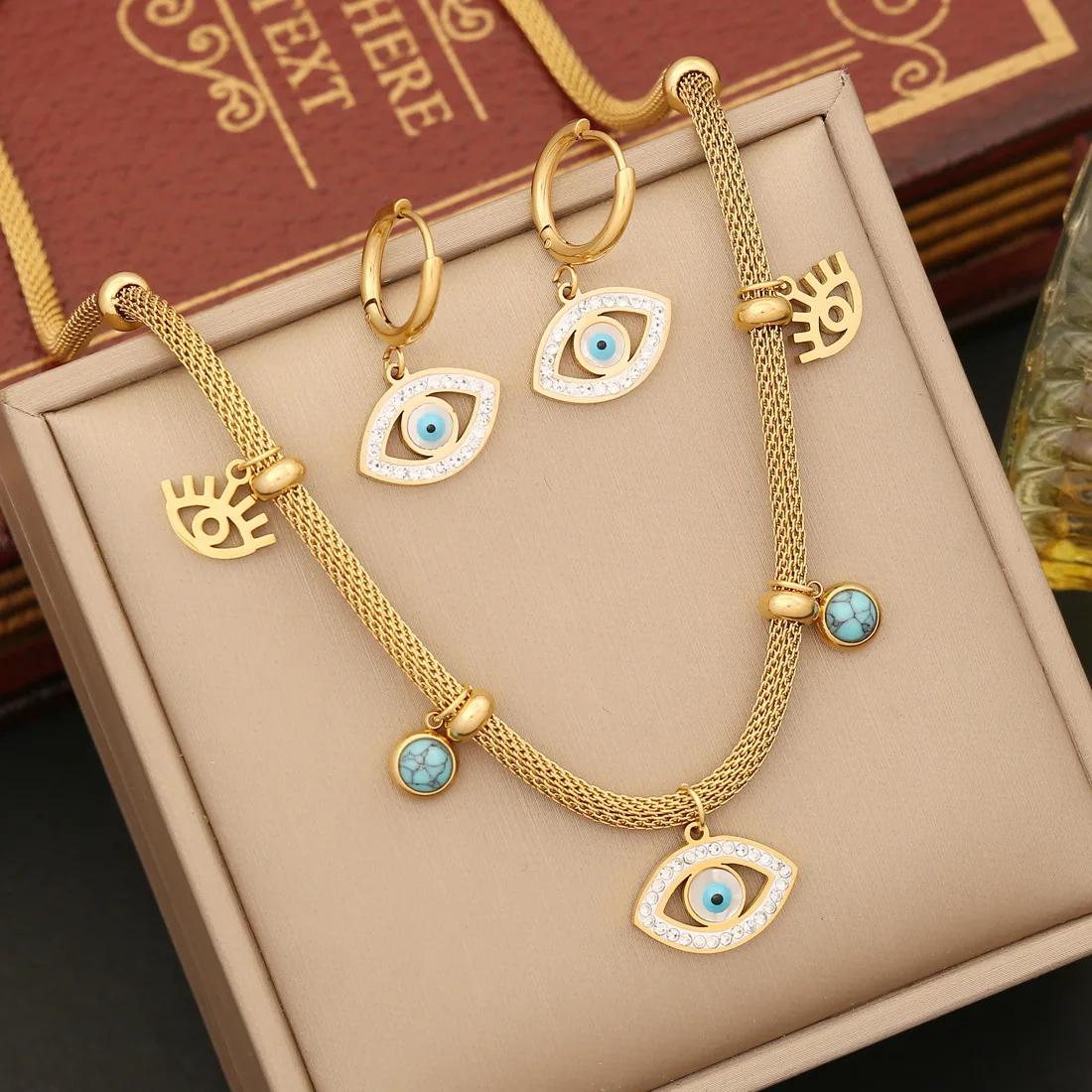 

2023 New Fashion Stainless Steel Earing Bracelet Necklace Set 18K Gold Plated Zircon Devil Eye Jewelry Set For Women