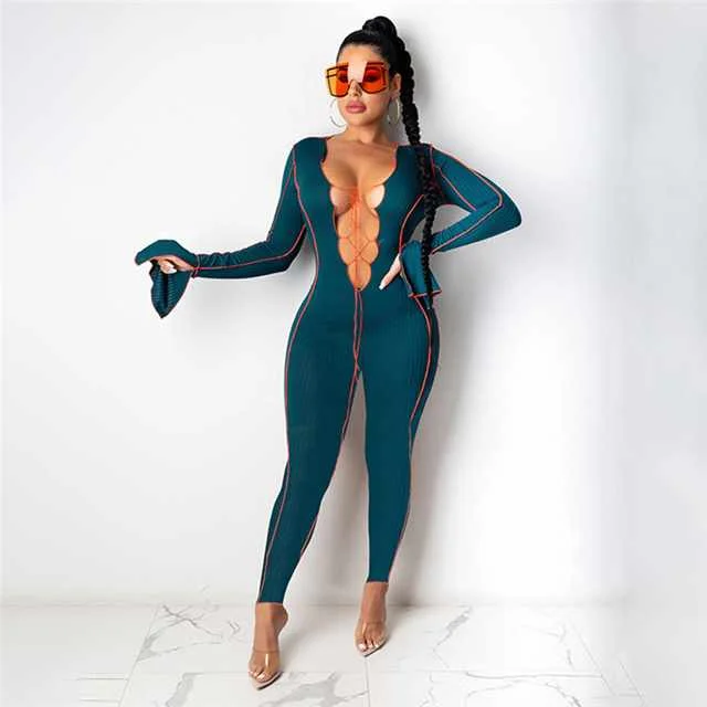 

Women's V-neck Flared Sleeve Jumpsuit Women Jumpsuit, Picture color