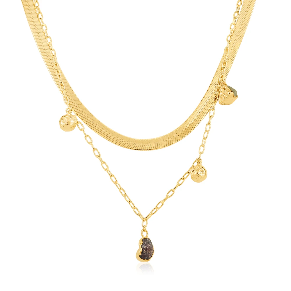 

18K Yellow Gold Plated Brass Double Chain Necklace Adorned With Garnet And Olivine New Design Necklace