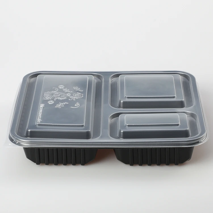 

3 compartment disposable plastic container lunch box dinnerware for bento shop, Transparent/black
