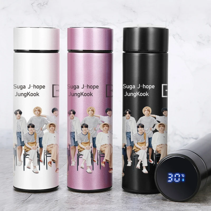 

New bulletproof Youth League new album "BE" LED touch display temperature thermos mug 500ml, Black, rose