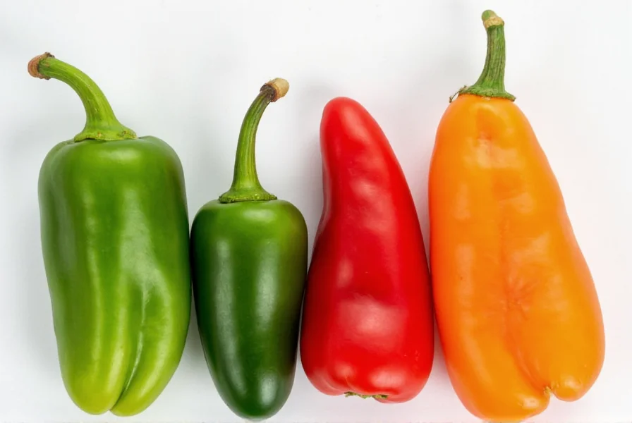 Close-up comparison of green and red serrano peppers next to jalapeño and habanero for visual heat scale reference