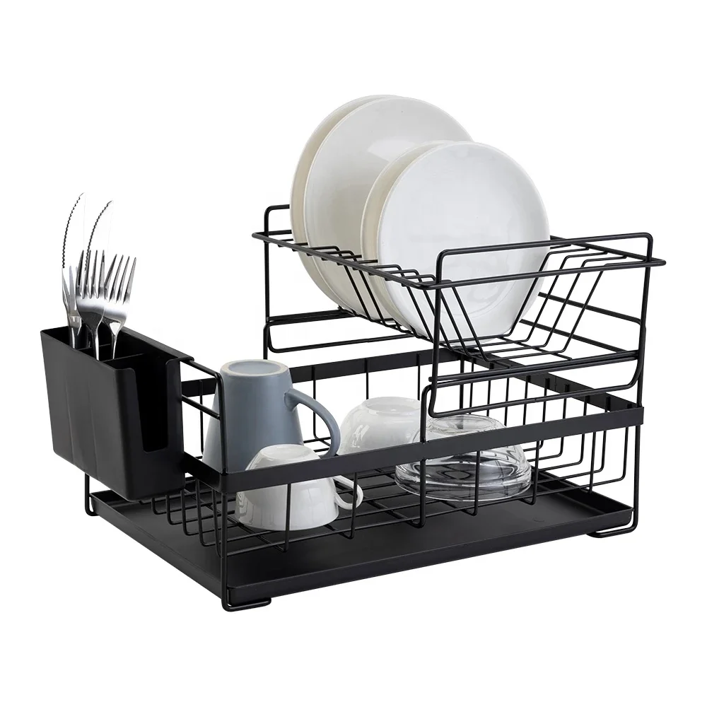 

Dish Drying Rack with Drainboard Drainer Kitchen Light Duty Countertop Utensil Organizer Storage for Home Black White 2-Tier
