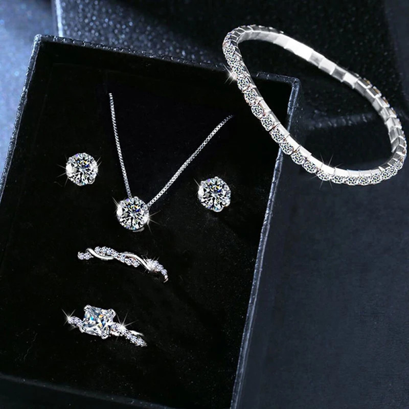 

Classic crystal jewelry set round zircon pendant necklace ring and bracelet jewelry set for women, Gold