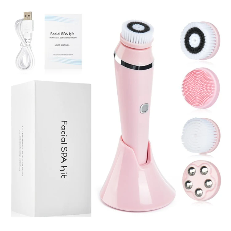 

Factory New 4 head Rotational Vibration Electric silicone facial cleansing brush with Base, White+pink+green