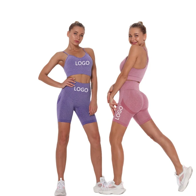

Womens Seamless Custom Gym Yoga Clothes Tights Sportswear High Waist push up Comfortable Tops Sport Bra And Yoga short Pants Set, Accept customized colors