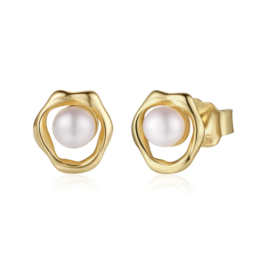 GPE74 New Arrival 925 Silver 14K Gold Plated Cultured Freshwater Pearl Stud Irregular Circle Pearl Earrings for Women