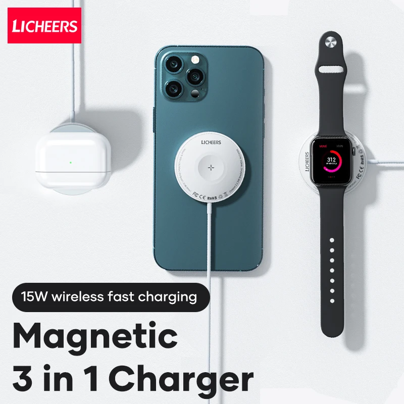 

Licheers 2021 Wireless Charger 3 IN 1 Type-C Magnetic 15W Fast Charging QC3.0 For Iphone 13 Airpod Apple Watch Mag Safe Charger