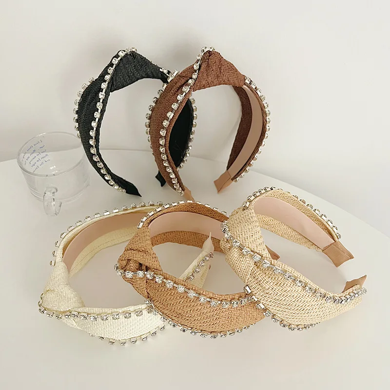 

CLARMER Korean fashion elegant solid color wholesale women hair accessory handmade custom hot drill wide knot straw headband
