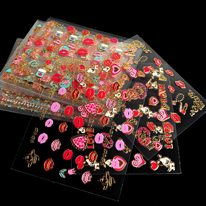 

2022 Nail Sliders 30pcs/lot 3D Nail Art Sticker Valentine Flower Love Red Lip Adhesive Manicure Wraps Nail Tips Accessories