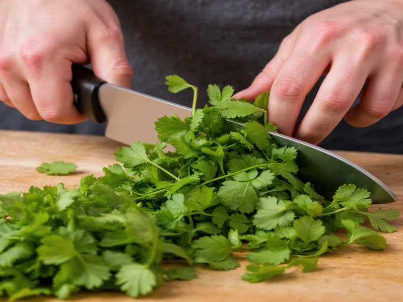 Hand chopping fresh cilantro for homemade pico de gallo recipe