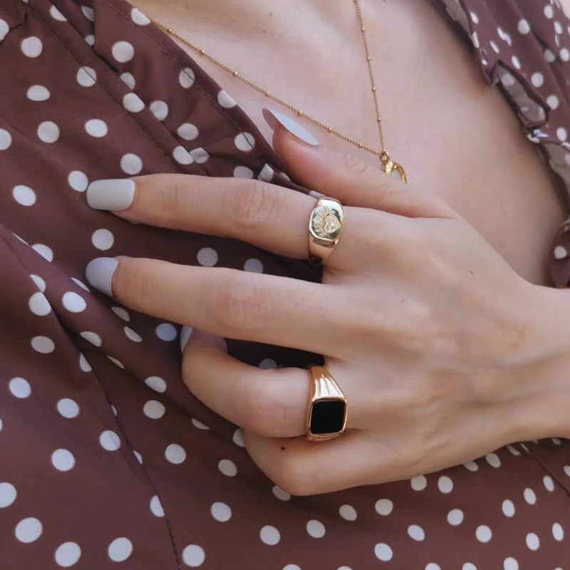 

Fashion Vintage 18K Gold Plated Stainless Steel Black Enamel Stamp Rings