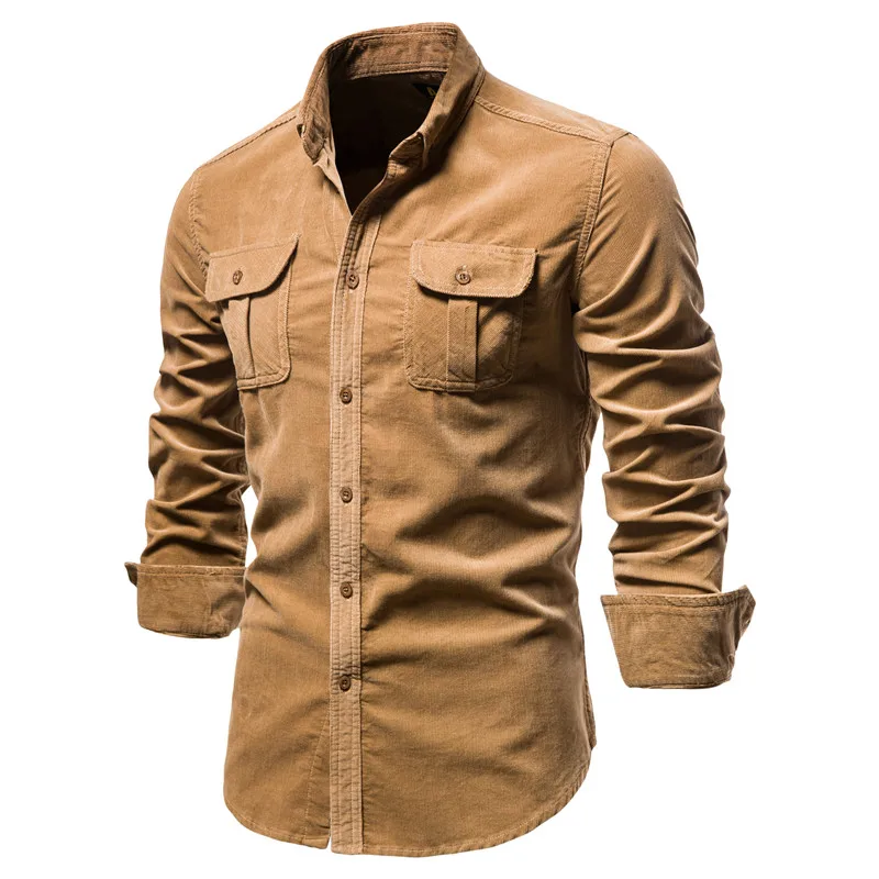 

2021 New Single Breasted 100% Cotton Men's Shirt Business Casual Fashion Solid Color Corduroy Men Shirts Autumn Slim Shirt Men