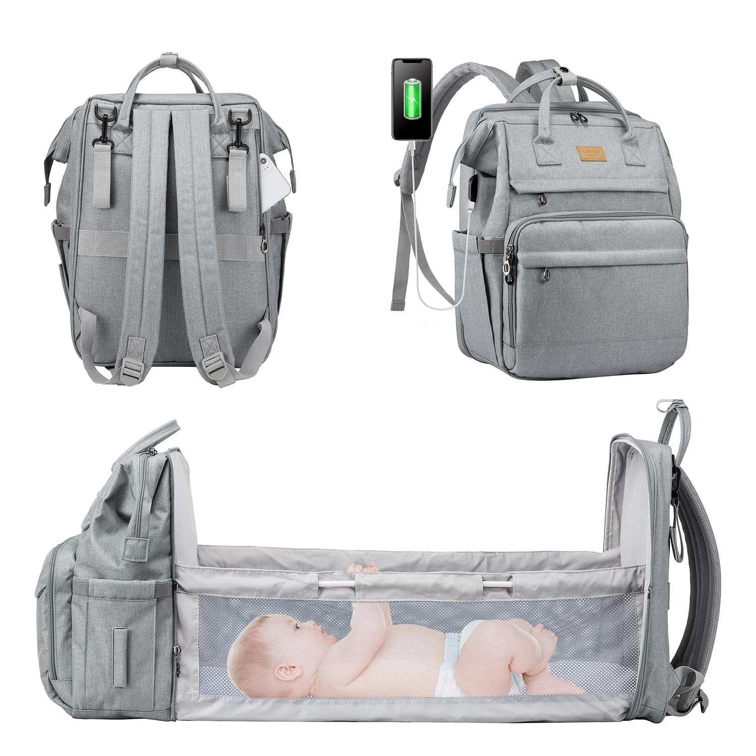 

Lovevook 2021 Multi Function 3 In 1 Foldable Changing Sleeping Mom Nappy Baby Bed Crib Diaper Bag Backpack with changing station, Customized colors