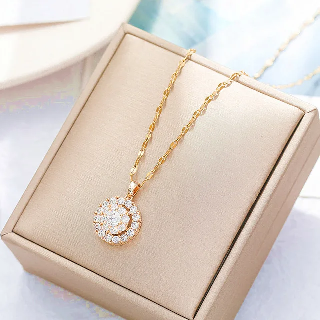 

Luxury Bling Rhinestone Crystal Round Diamond Pendant Choker Necklace Stainless Steel Link Chain Sapphire Emerald CZ Necklace