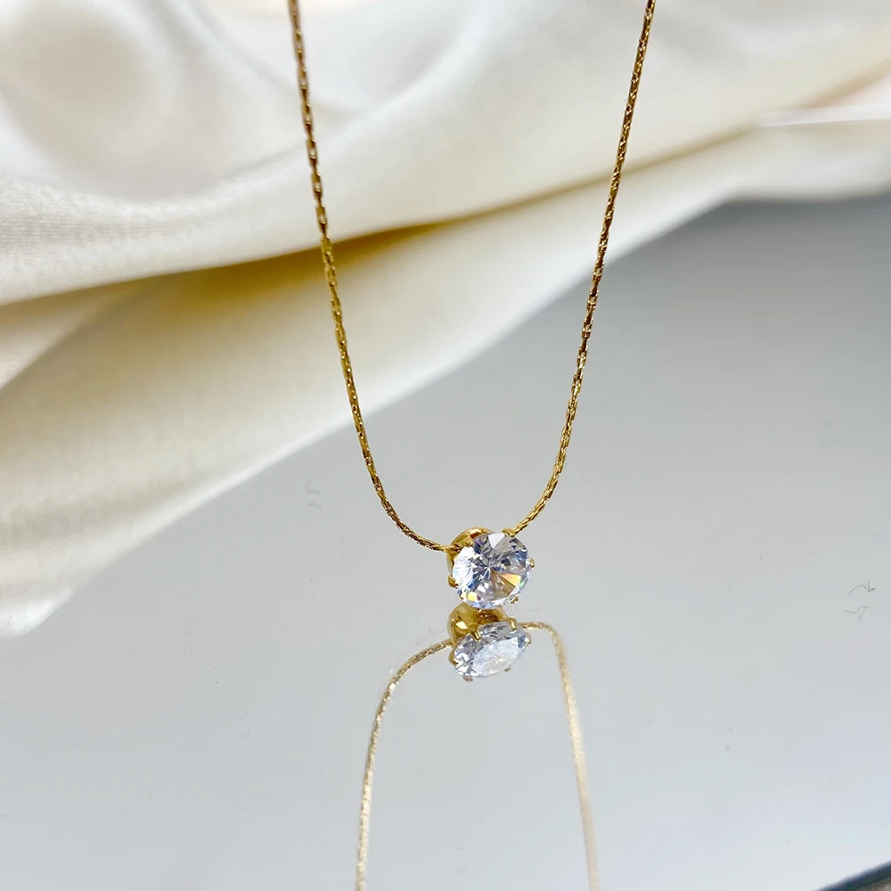 

minimalist Solitaire Six-Prong Zircon Fine Chain Clavicle Chain Titanium Steel 18K Gold Plated Necklace