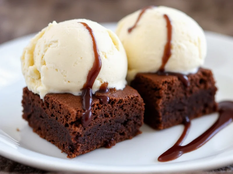 Sliced homemade brownies served with ice cream