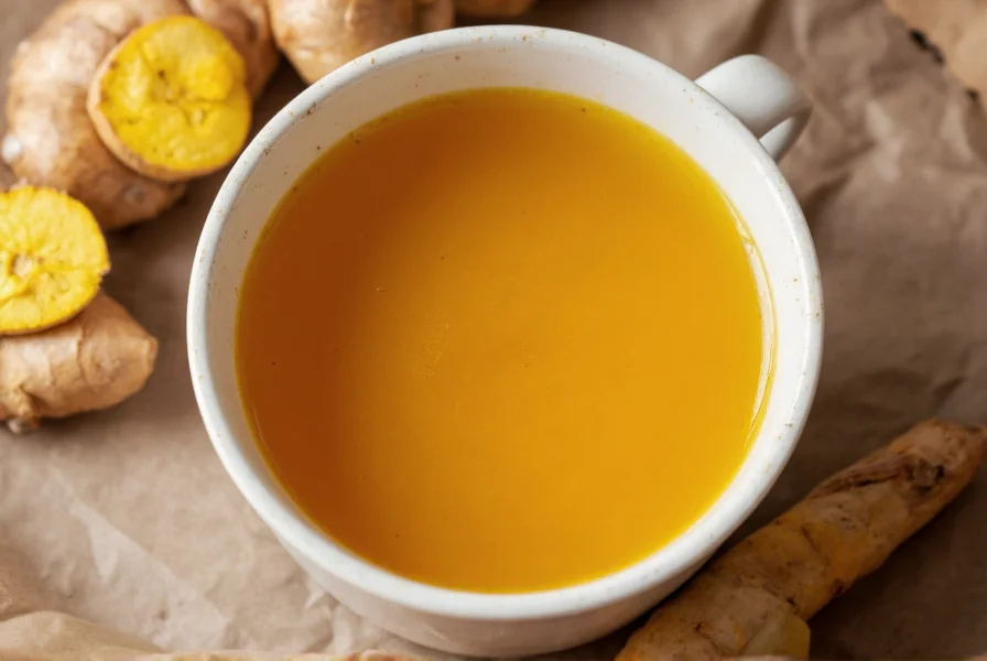 Close-up of golden turmeric ginger tea in a ceramic mug with fresh ginger slices and turmeric root