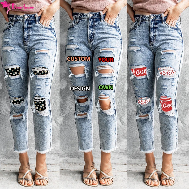 

2022 Custom Women Pantalon High Waist Hollow Out Patchwork Ripped Distressed Denim Ladies Jeans, Customized high waist jeans