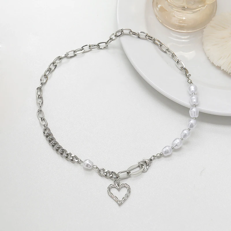 

Hainon Wholesale necklace Unique Silver plated heart Chain Jewelry Pearl New Design Fashion Necklaces