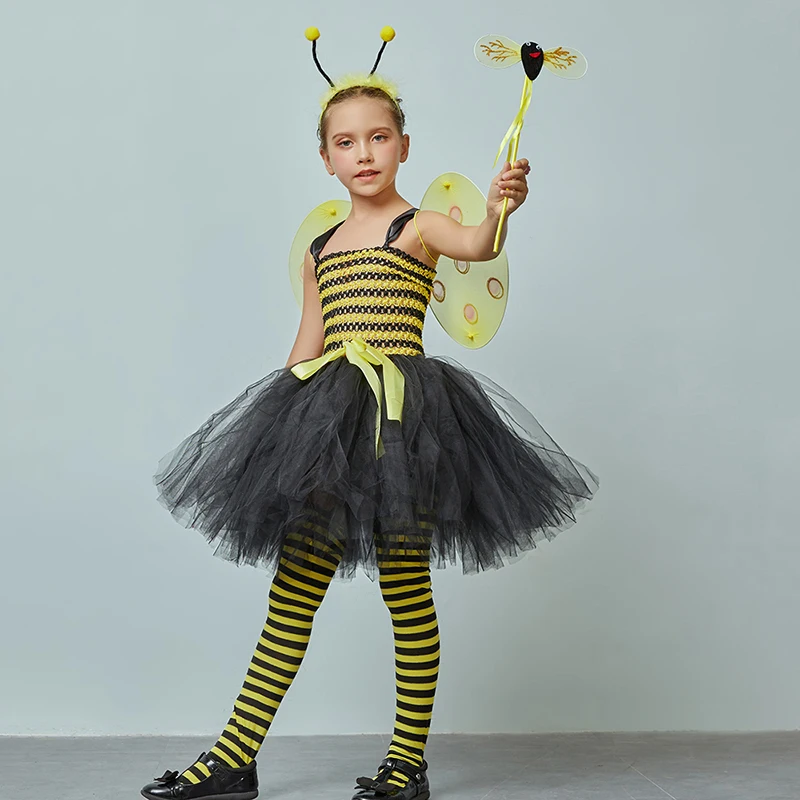 

Halloween Dress Up Party Clothes Yellow Black Kids Fancy Children Bumble Bee Costume Set Girls Tutu Dress