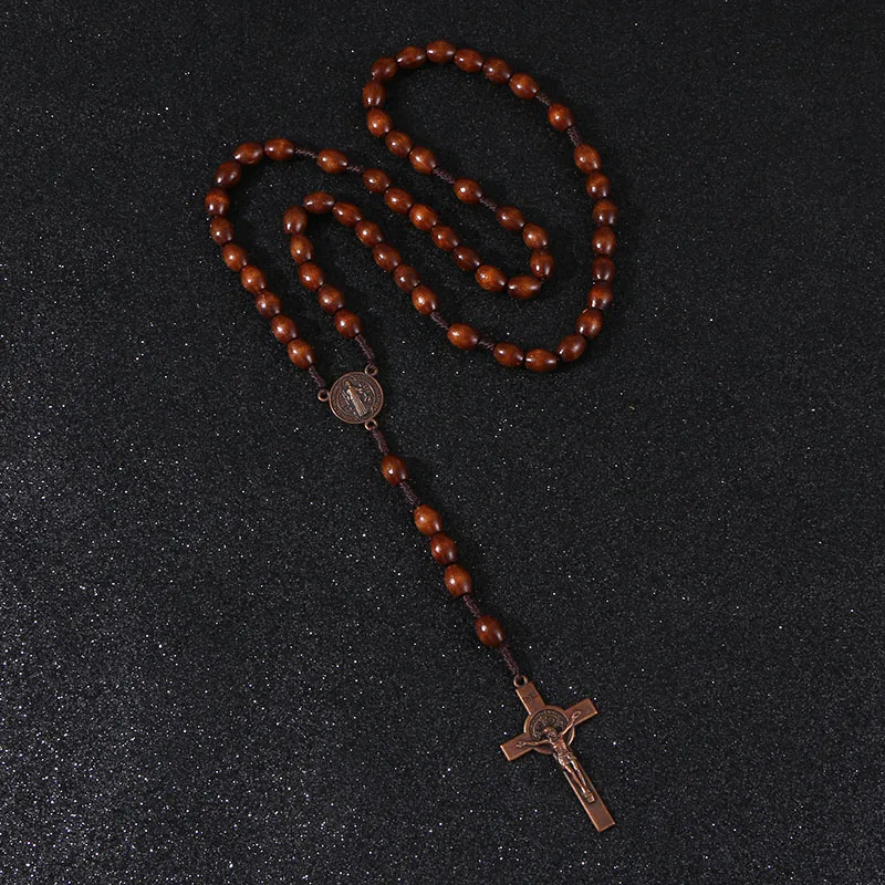 

KOMi Christ Wooden Beads 9*10mm Rosary Bead Cross Pendant Woven Rope Chain Necklace Religious Jewelry Accessories R-192