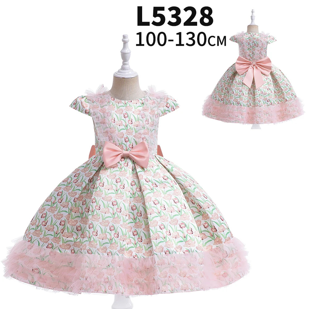 

MQATZ Cute Girl's Party Dress A-line print Dress with bow for 3-9T Kids princess satin dress up for birthday L5328