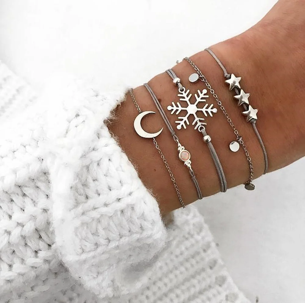 

Fashion woven Multilayer bracelet jewelry Snowflake Star Opal Charms Bracelet For Women Wholesale 5pcs/set, Picture