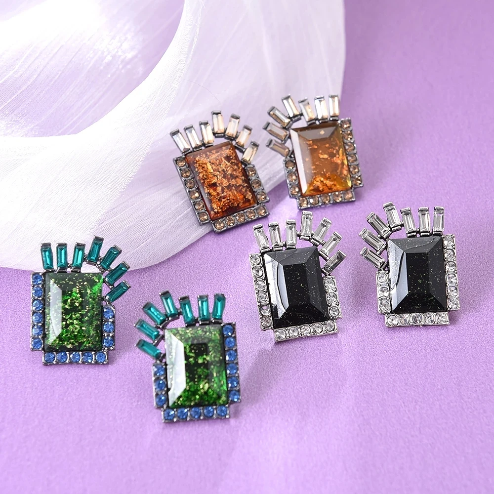 

High-Quality Fashion Crystals Jewelry Accessories For Women Geometric Statement Green/Black Rhinestone Stud Earrings, Many colors fyi