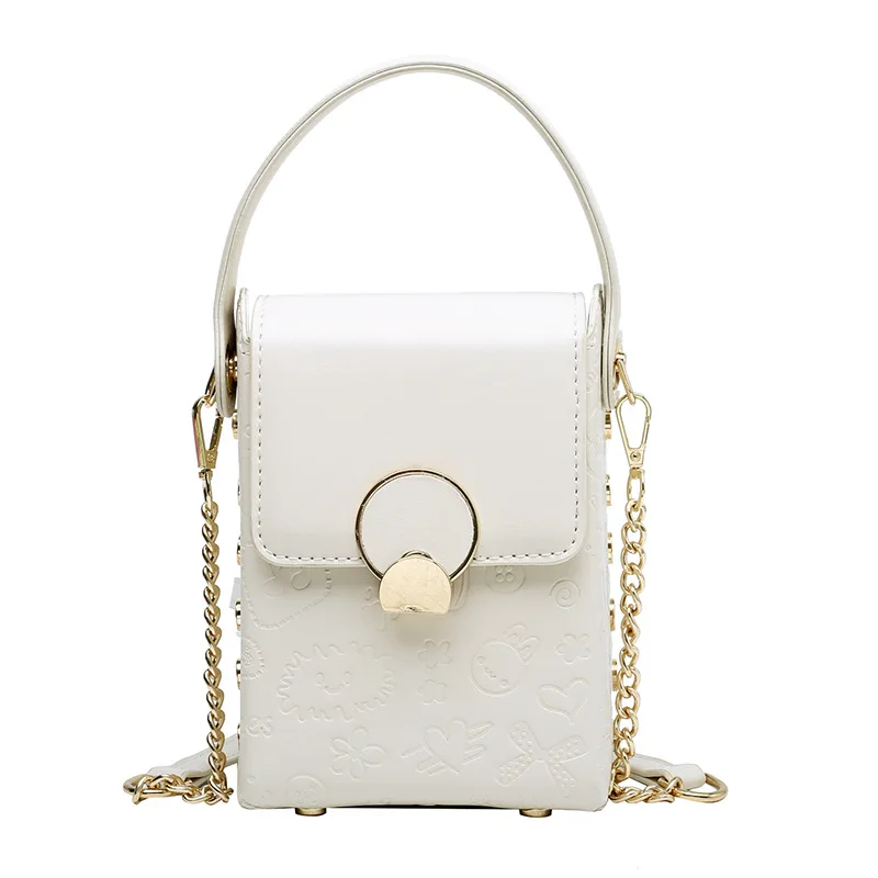 

Ladies Mobile Phone PU Leather Sling Chain Design Embossed Logo Women Tops Handbags, White, yellow, black brow or customized color