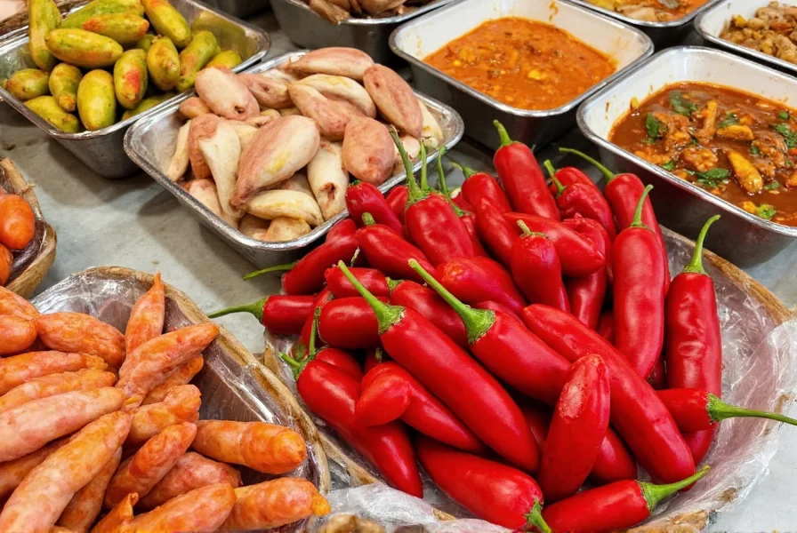 Fresh Thai bird's eye chilies arranged next to takeout containers with Thai curry dishes