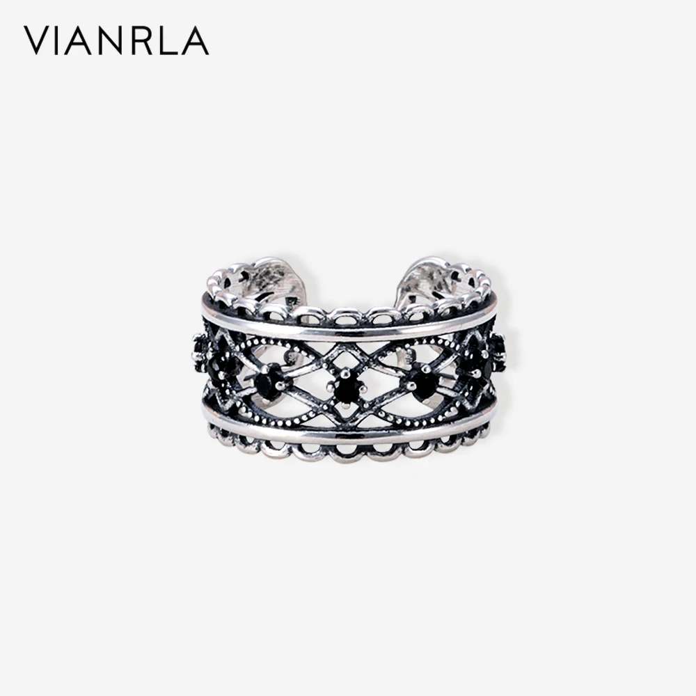 

VIANRLA 925 Sterling Silver Black Zircon Hollow Open Ring Vintage Lace Adjustable Ring Women Jewelry Drop Shipping