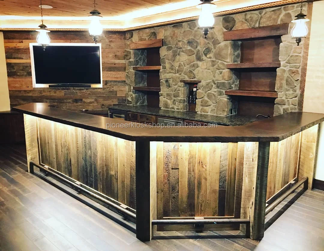 Solid Wood Timber Vintage Home Bar Counter Design Basement Bar Counter
