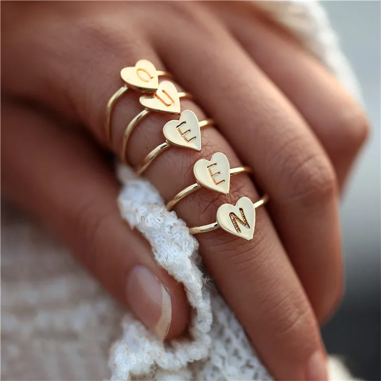 

2020 Personalized Alphabet A-Z 26 Letter Finger Ring Gold Heart Initial Rings Letter