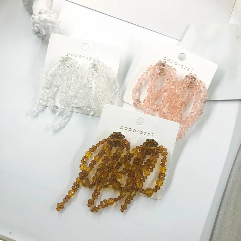

Korean Tassel Earrings Crystal Beaded Bowknot Holiday INS Temperament Vacation Charm Accessories Trendy Long Stud Earring, Picture shows