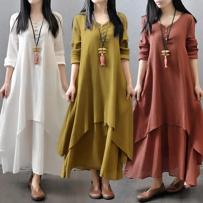 

A0145 Women Maxi Dress 2019 Autumn New False Two-piece Long Sleeve Round Neck Loose Plus Size Irregular Dress