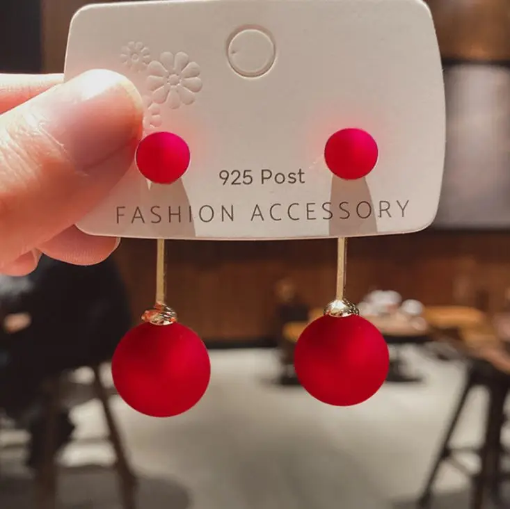 

2021 new trendy S925 silver post red frosted earrings female pearl simple earrings