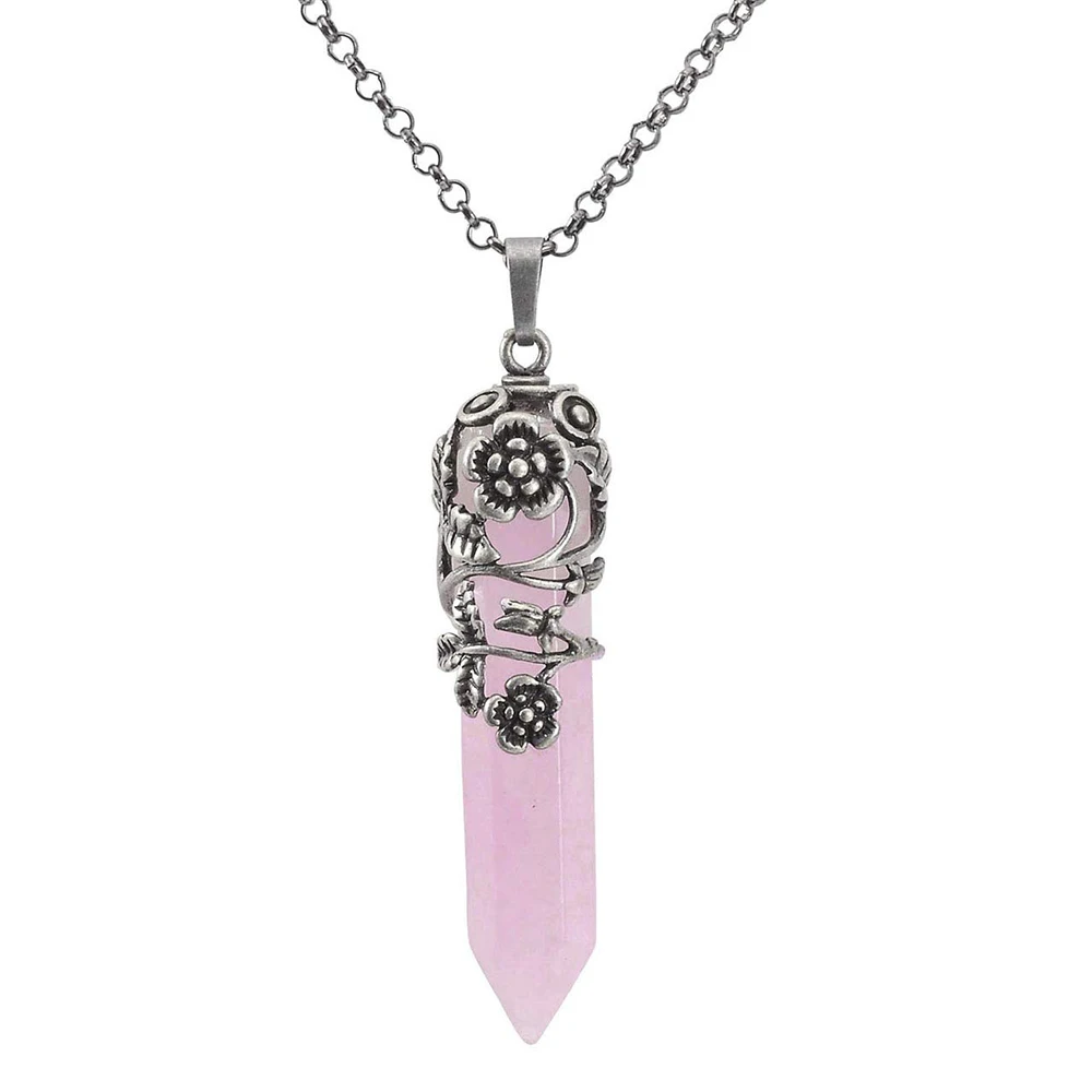 

Antique Silver Flower Wrapped Natural Rose Quartz Healing Crystal Stone Pendant Necklace