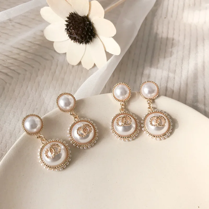 Korea Fashion Luxury Brand Flower Channel Earrings Double Letter CC Pearl Ear Studs Copper Earring for Women Gold Plated Jewelry, Colorful