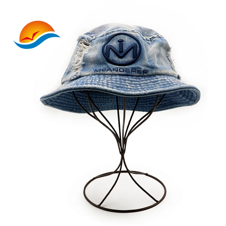 

Vintage stylish Custom embroidery logo washed distressed denim bucket hat