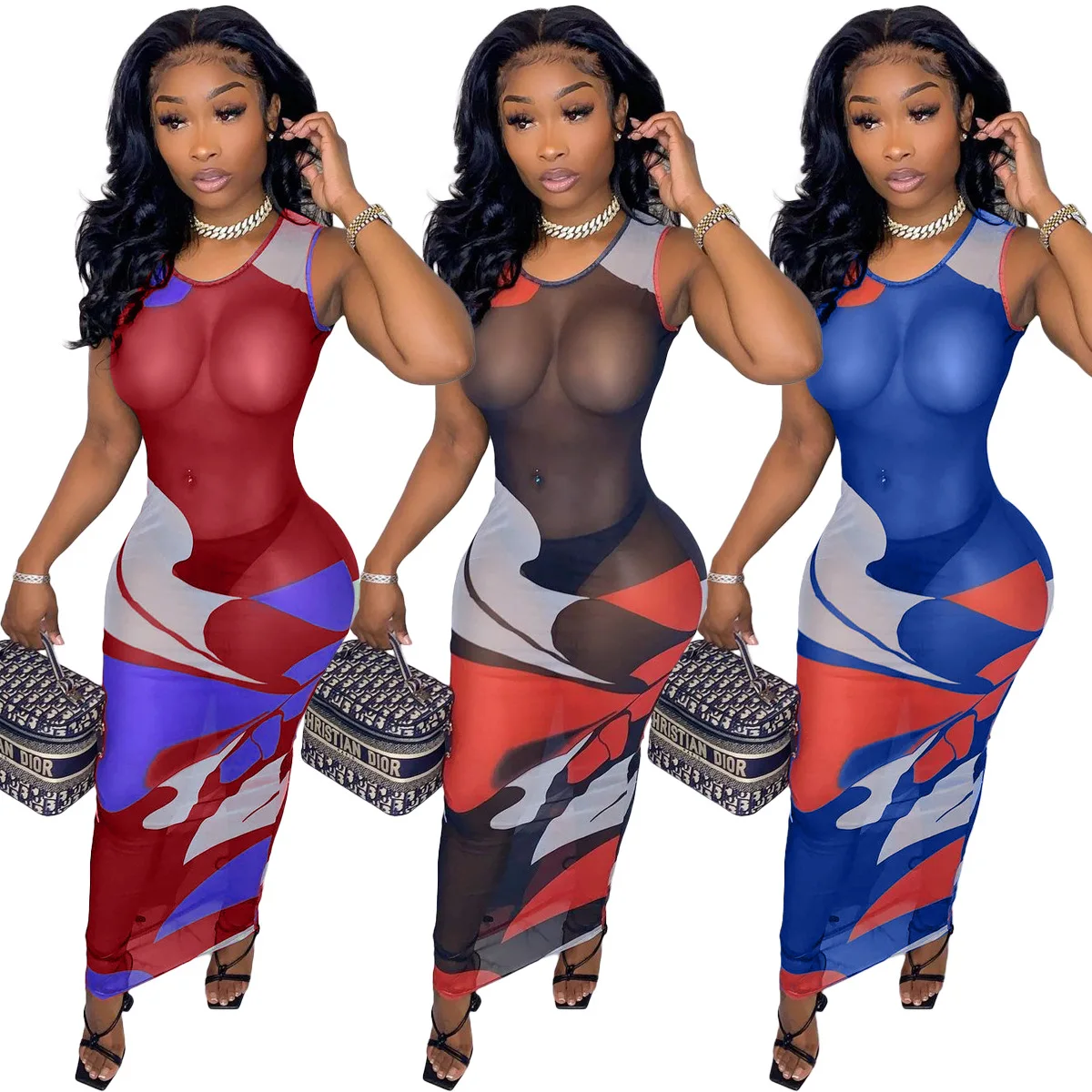 

S956 New Nightclub Women'S See-Through Printed Mesh Fashion Vest Dress