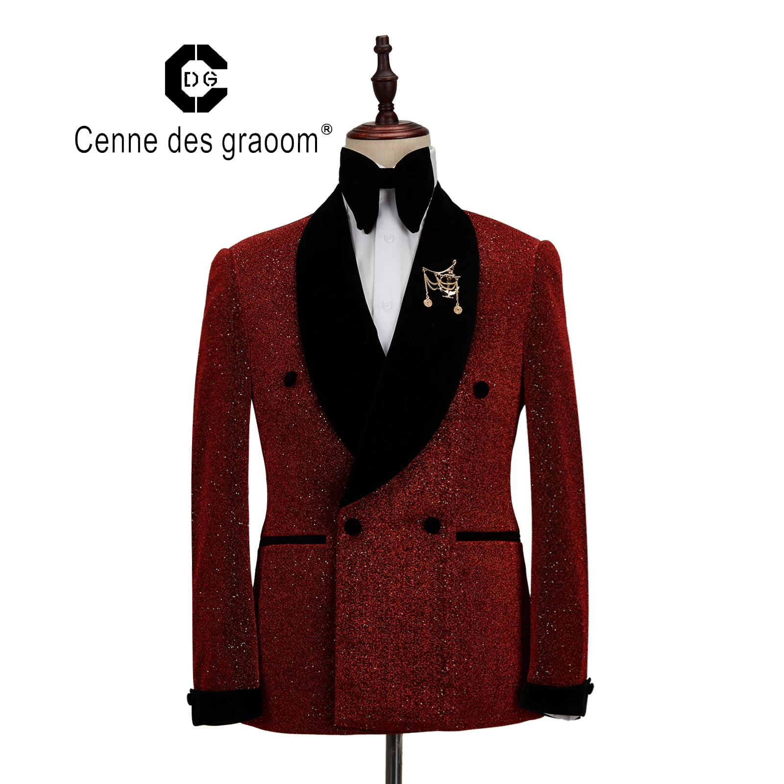 

Cenne des Graoom formalwear sparkles slim 2-piece Suit Cape Lapel Ball dinner formal dress Tuxedo jacket black stitching pants, Burgundy